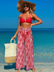 Women 3 Piece Bikini Sets with Mesh Cover Up Pants Halter Cheeky Thong Swimsuits Sexy Bathing Suits
