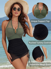 Women One Piece Swimsuit Tummy Control Swim Dress Slimming Mesh Sheer Halter Sarong Wraps Bathing Suit