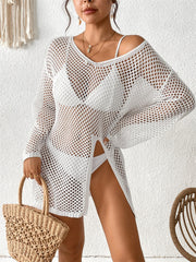 Women Bathing Suit Cover Up Slit Hem V Neck Long Sleeve Crochet Knit Hollow Out Swimwear Swimsuit Beach Mini Dress