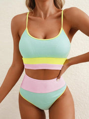 Women 2 Piece Bikini Set High Waisted Color Block Swimsuit Beach Scrunch Ribbed Bathing Suit