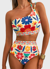 Women High Waisted Bikini Sets One Shoulder Floral Print Swimsuits 2 Piece Tummy Control Bathing Suits