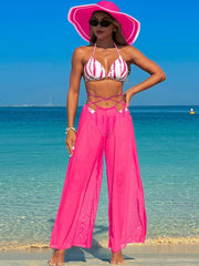Women 3 Piece Bikini Sets with Mesh Cover Up Pants Halter Cheeky Thong Swimsuits Sexy Bathing Suits