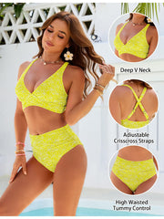 Women Embroidery Print High Waisted Bikini Sets V Neck Tummy Control Bathing Suit Two Piece Curvy Swimsuits