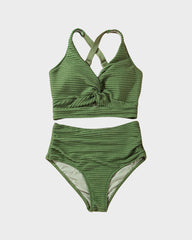 Women Textured Knot Front High Waisted Bikini Set