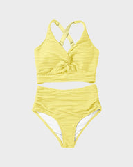 Women Textured Knot Front High Waisted Bikini Set