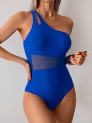 Women One Piece Swimsuits Tummy Control Mesh Patchwork Bathing Suit One Shoulder Adjustable Straps