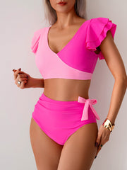 Women High Waisted Bathing Suits Tummy Control Two Piece Swimsuits Ruffle Bikini Sets Criss Cross Ruched Swimwear
