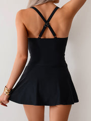 Women Twisted Ruched Swim Dress Slit Strap Tankini Swimsuit