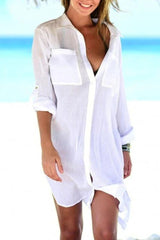 Women White Pocket Long Sleeve Cover Up