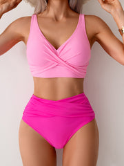Women High Waisted Bikini Sets Solid Pleated 2 Piece Swimsuits Sexy Beach Sets with Removable Pads
