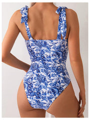 Women One Piece Swimsuits Tummy Control Bathing Suits V Neck Boho Tie Shoulder Ruched Full