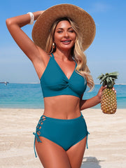 Women Sexy V Neck 2 Piece Bikini Sets Cheeky High Cut Tie Side Bathing Suit Summer Beach Swimwear