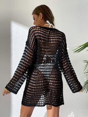 Women Crochet Knit Beach Cover Ups Dress Long Sleeve Hollow Out Sheer Swimsuit Coverups