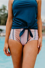 Women Striped Tie Front Blouson Two Piece Swimsuit Tankini