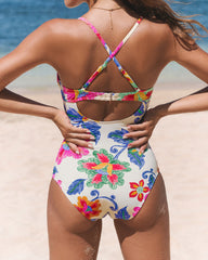 Women Beach Floral Colorblock Print Low-cut Slim One Piece Tummy control Swimsuit