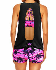 Women 3 Piece Scoop Neck Criss Cross Tankini Swimsuits