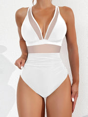 Women Plus Size One Piece Swimsuit V Neck Mesh Sheer Tummy Control Bathing Suit