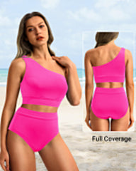 Women One Shoulder High Waisted Bikini Sets Two Piece Swimsuit Tummy Control-Pink
