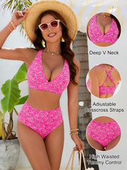 Women Embroidery Print High Waisted Bikini Sets V Neck Tummy Control Bathing Suit Two Piece Curvy Swimsuits