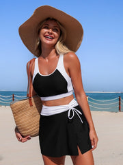 Women Two Piece Tankini Swimsuits Padded Strappy Sports Bra Yoga Tops Swim Side Slit Skirted Swimsuit Swim Skort Set