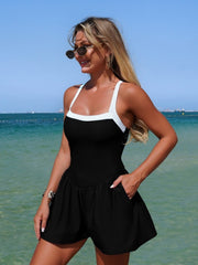 Women Sleeveless Swim Romper Criss Cross One Pieces Tummy Control Rompers Swimsuit with Shorts