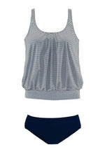 Women Blue Stripes Tankini With Shorts Drawstring Tummy Control Swimwear