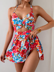 Women Cutout One Piece Skirt Swimsuit V Neck Wrap Tie Back Swimdress Tummy Control Bathing Suits