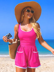 Women Colorblock Sporty Tummy Control One Piece Bathing Suit with Shorts Pockets