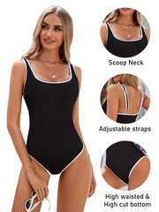 Women One Piece Swimsuit Sports Adjustable Strap Bathing Suit Color Block Ribbed High Cut Swimsuits