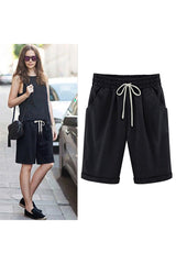 Women Elastic Waist Knee Length Casual Cotton Bermuda Shorts with Drawstring