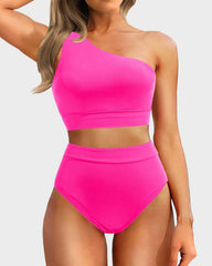 Women One Shoulder High Waisted Bikini Sets Two Piece Swimsuit Tummy Control-Pink