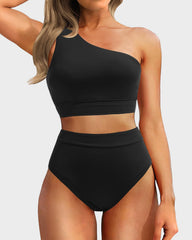 Women One Shoulder High Waisted Bikini Sets Two Piece Swimsuit Tummy Control-Pink
