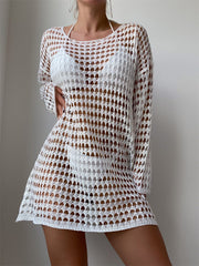 Women Crochet Knit Beach Cover Ups Dress Long Sleeve Hollow Out Sheer Swimsuit Coverups