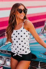 Women Polka Dot Tie Front Blouson Tankini Set