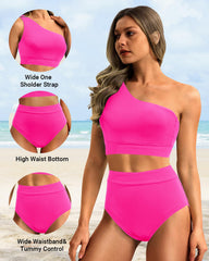Women One Shoulder High Waisted Bikini Sets Two Piece Swimsuit Tummy Control-Pink