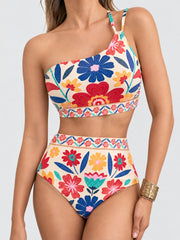Women High Waisted Bikini Sets One Shoulder Floral Print Swimsuits 2 Piece Tummy Control Bathing Suits