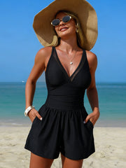 Women Swim Rompers with Built in Bra One Piece V Neck Tummy Control Bathing Suit