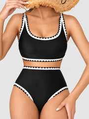 Women Bikini Sets Floral Print Whip Stitch 2 Piece Swimsuits High Waisted Scoop Bathing Suits