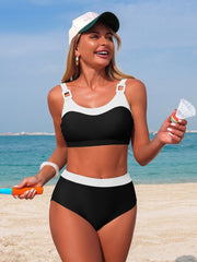 Women High Waisted Bikini Set Two Piece Bathing Suits Sporty Color Block Tie Back Swimsuit