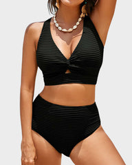 Women Textured Knot Front High Waisted Bikini Set