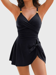 Women Tummy Control One Piece Swimsuit Gold Metal Tie Knot Swim Dress Bathing Suit