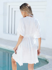 Women Dress Coverup Lace Crochet V Neck Cover Up Short Sleeve Beach Dress for Swimwear