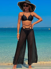 Women 3 Piece Bikini Sets with Mesh Cover Up Pants Halter Cheeky Thong Swimsuits Sexy Bathing Suits