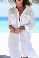 Women White Pocket Long Sleeve Cover Up