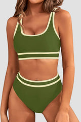 Women High Waisted Bikini Sets Sporty Two Piece Swimsuits Color Block Cheeky High Cut Bathing Suits