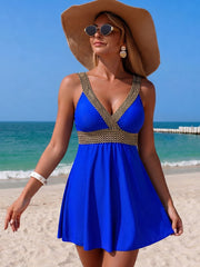 Women Black V-Neck One-Piece Swim Dress with Waist Band Detail