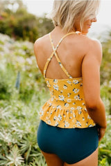 Women High Waisted Mustard Daisy Tankini Set Peplum  Ruffle Swimsuits