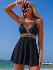 Women Black V-Neck One-Piece Swim Dress with Waist Band Detail
