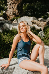 Women Striped Tie Front Blouson Two Piece Swimsuit Tankini