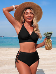 Women Sexy V Neck 2 Piece Bikini Sets Cheeky High Cut Tie Side Bathing Suit Summer Beach Swimwear